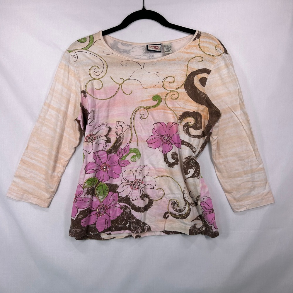 Vintage Jamaica Bay Floral Glitter Top – Y2K Pink Scroll Knit Blouse (PL)